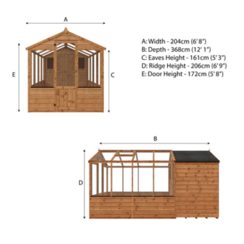 Combi Greenhouse and Wooden Storage Shed 12x6