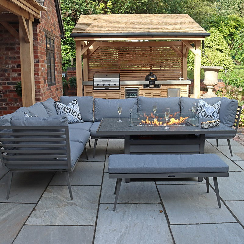 Mayfair Fire Pit Table with 7pc Corner Lounging Set MAY150xFP-GREY