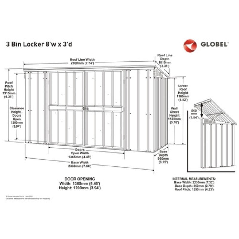 Globel 8x3ft Metal Bin Store - Triple Bin