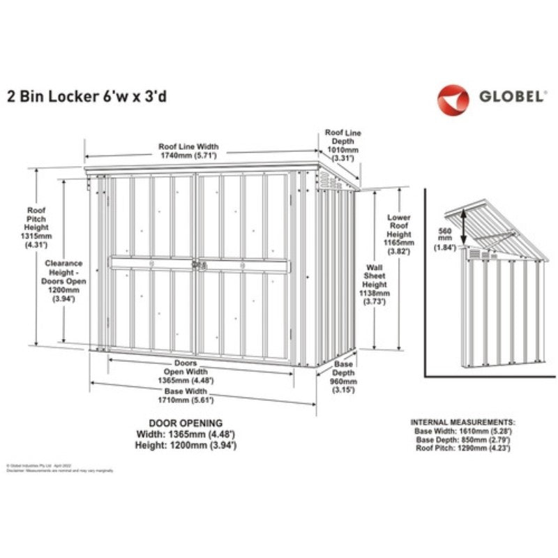 Globel 6x3ft Metal Bin Store - Double Bin